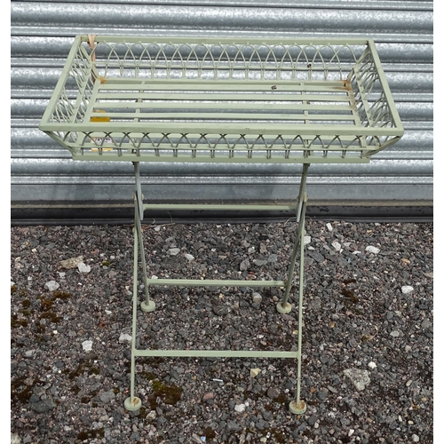 905 - Garden & Architectural : a folding table with tray top and mint green painted finish, approx 23