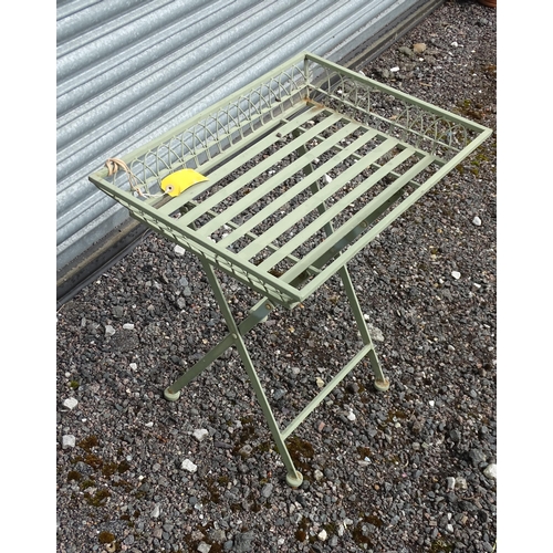 905 - Garden & Architectural : a folding table with tray top and mint green painted finish, approx 23