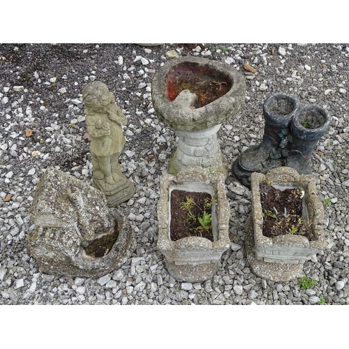 906 - Garden & Architectural : six decorative reconstituted stone garden ornaments, comprising two planter... 