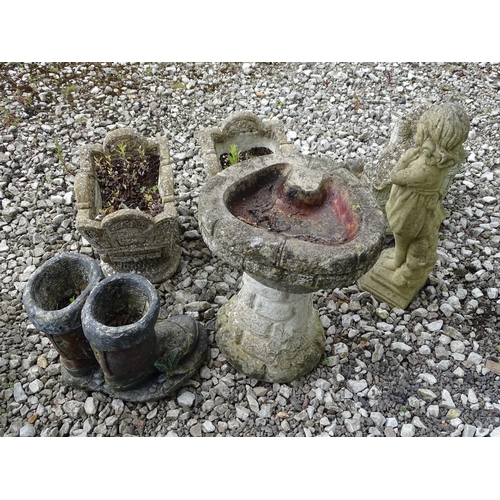 906 - Garden & Architectural : six decorative reconstituted stone garden ornaments, comprising two planter... 