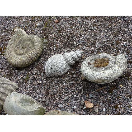 907 - Garden & Architectural : a quantity of reconstituted stone decorative model ammonite fossils, compri... 