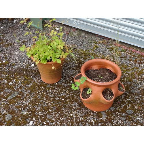 909 - Garden & Architectural : a terracotta strawberry planter, together with a terracotta planter of tape... 