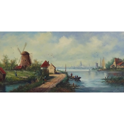 604 - 20th century, Oil on canvas, A Dutch river landscape with windmills, figures, boats, etc. Indistinct... 
