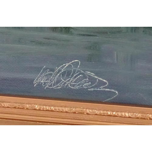 604 - 20th century, Oil on canvas, A Dutch river landscape with windmills, figures, boats, etc. Indistinct... 