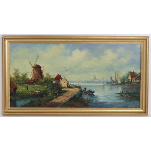 604 - 20th century, Oil on canvas, A Dutch river landscape with windmills, figures, boats, etc. Indistinct... 