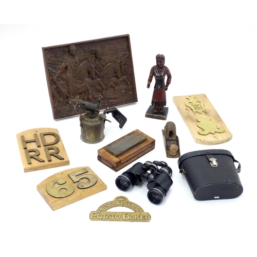 325 - A quantity of assorted items to include a carved wooden plaque depicting charging Cossacks / mounted... 