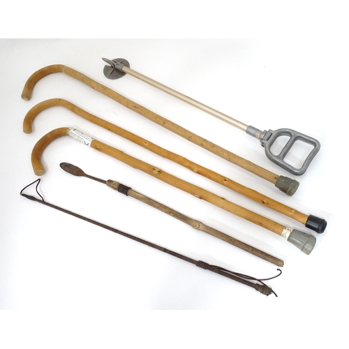327 - Three crook handled beech walking sticks, together with a Featherwate shooting stick, a leather ridi... 