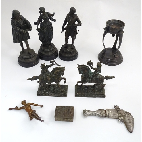 861 - A quantity of assorted metal ware to include spelter figures, cast models of falconers on horseback,... 