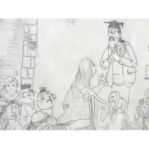 605 - A late 20thC cartoon sketch of The Bash Street Kids titled Adorations of the Master. Signed with ini... 