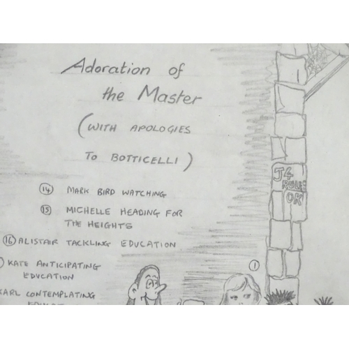 605 - A late 20thC cartoon sketch of The Bash Street Kids titled Adorations of the Master. Signed with ini... 