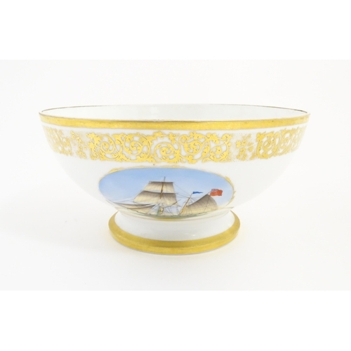 204 - An English pedestal bowl with hand painted sailing ship vignette and gilt scrolling foliate border. ... 