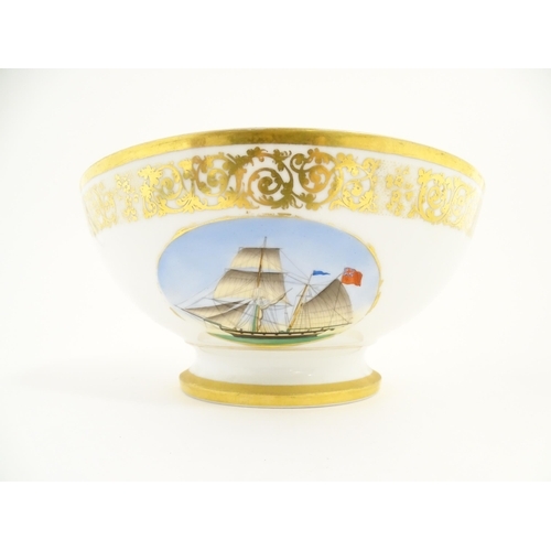 204 - An English pedestal bowl with hand painted sailing ship vignette and gilt scrolling foliate border. ... 