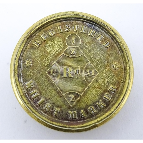 858 - Toys: Two Victorian brass whist markers with hand marker and scallop edged bezel, with registration ... 