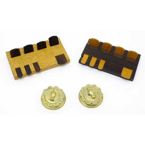 858 - Toys: Two Victorian brass whist markers with hand marker and scallop edged bezel, with registration ... 