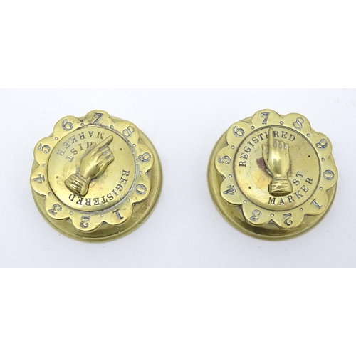 858 - Toys: Two Victorian brass whist markers with hand marker and scallop edged bezel, with registration ... 