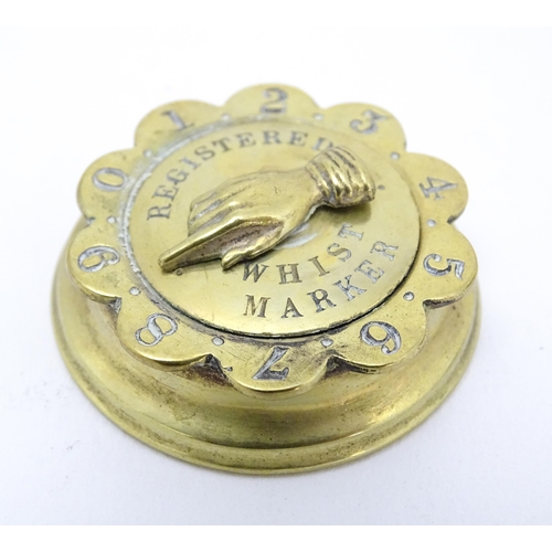 858 - Toys: Two Victorian brass whist markers with hand marker and scallop edged bezel, with registration ... 