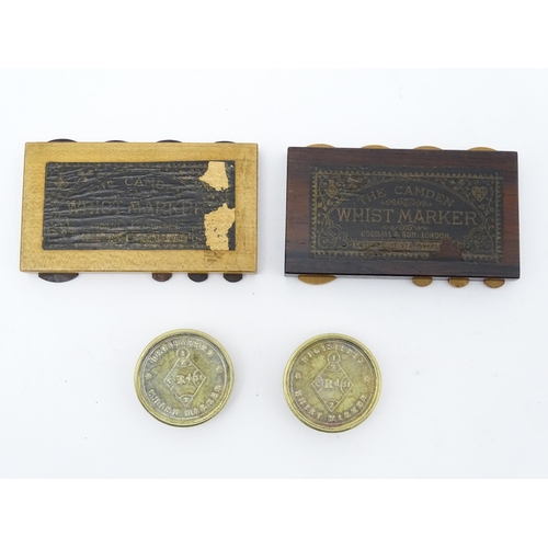 858 - Toys: Two Victorian brass whist markers with hand marker and scallop edged bezel, with registration ... 