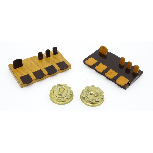 858 - Toys: Two Victorian brass whist markers with hand marker and scallop edged bezel, with registration ... 