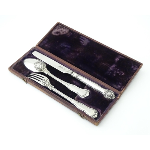 572 - A cased silver three piece Christening set comprising knife, fork and spoon, hallmarked Sheffield 18... 