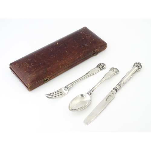 572 - A cased silver three piece Christening set comprising knife, fork and spoon, hallmarked Sheffield 18... 