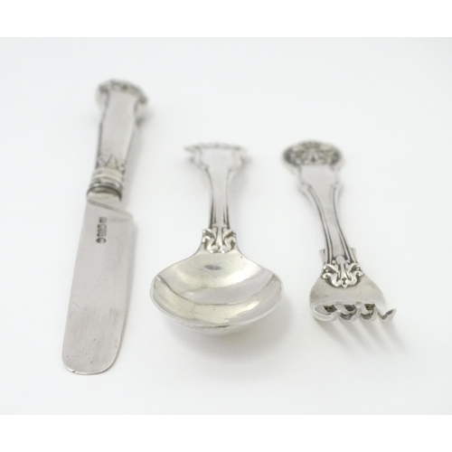 572 - A cased silver three piece Christening set comprising knife, fork and spoon, hallmarked Sheffield 18... 