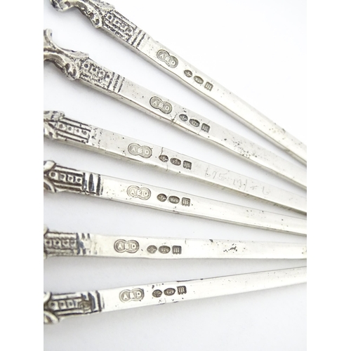 575 - A cased set of six sterling silver cocktail sticks with cockerel / rooster finials, bearing import m... 