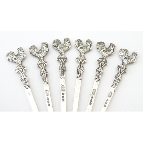 575 - A cased set of six sterling silver cocktail sticks with cockerel / rooster finials, bearing import m... 