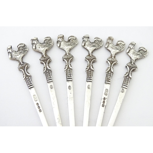 575 - A cased set of six sterling silver cocktail sticks with cockerel / rooster finials, bearing import m... 