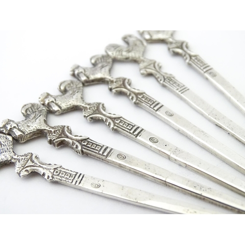 575 - A cased set of six sterling silver cocktail sticks with cockerel / rooster finials, bearing import m... 