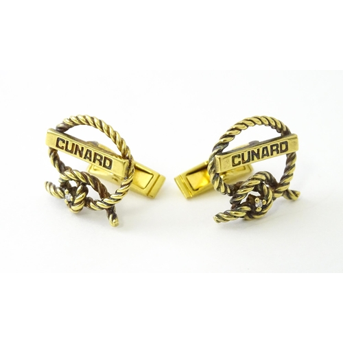 681 - A pair of silver gilt Cunard cufflinks with rope twist detail and set with a diamond. Approx. 5/8