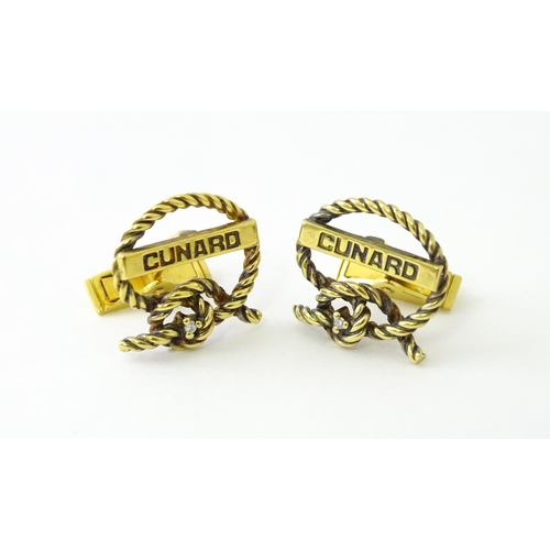 681 - A pair of silver gilt Cunard cufflinks with rope twist detail and set with a diamond. Approx. 5/8