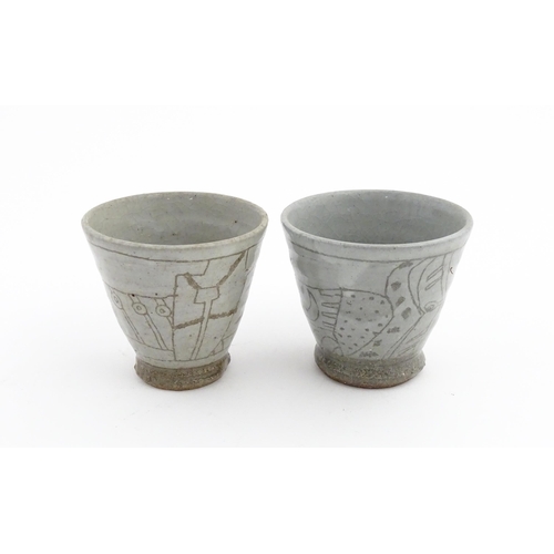 42 - Four items of Japanese studio pottery each with hand drawn decoration depicting mythical creatures. ... 