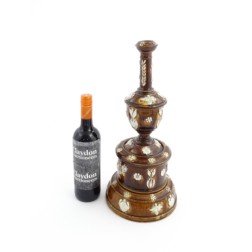 55 - A Victorian Measham bargeware smoker's compendium comprising candlestick, goblet, tobacco jar and ta... 