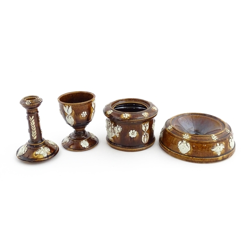 55 - A Victorian Measham bargeware smoker's compendium comprising candlestick, goblet, tobacco jar and ta... 