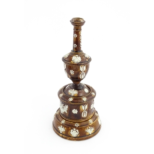 55 - A Victorian Measham bargeware smoker's compendium comprising candlestick, goblet, tobacco jar and ta... 