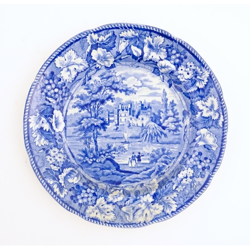 92 - An Enoch Wood & Sons blue and white plate decorated in the Guy's Cliff pattern. Approx. 10 1/4