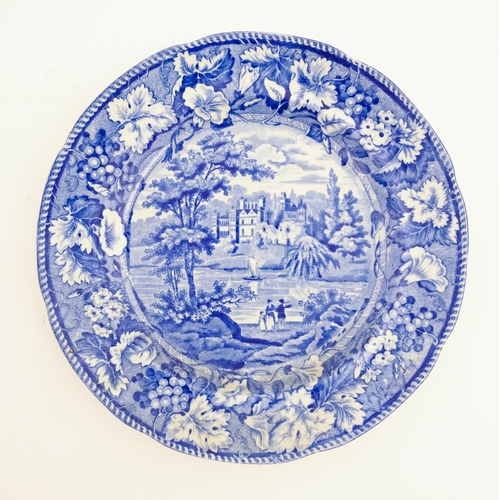 92 - An Enoch Wood & Sons blue and white plate decorated in the Guy's Cliff pattern. Approx. 10 1/4