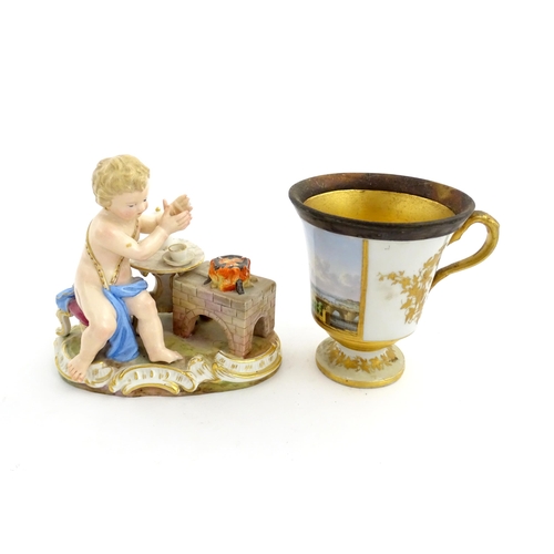 131 - A Meissen allegorical figure of Fire, modelled as a putto making hot chocolate. Marked under. Togeth... 