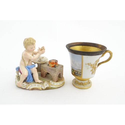 131 - A Meissen allegorical figure of Fire, modelled as a putto making hot chocolate. Marked under. Togeth... 