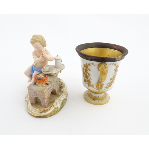 131 - A Meissen allegorical figure of Fire, modelled as a putto making hot chocolate. Marked under. Togeth... 