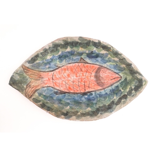 185 - A quantity of studio pottery wares to include a platter with hand painted fish decoration, a Contine... 