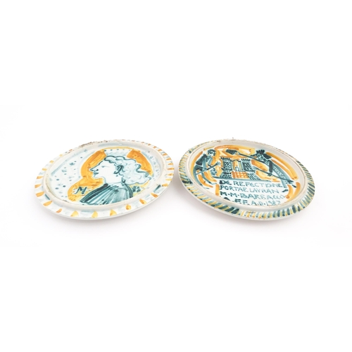 201 - Two 20thC Continental faience plates, one with a profile portrait of a young lady, the other depicti... 