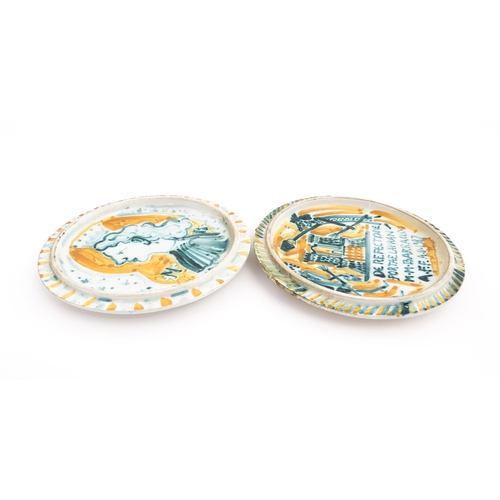 201 - Two 20thC Continental faience plates, one with a profile portrait of a young lady, the other depicti... 