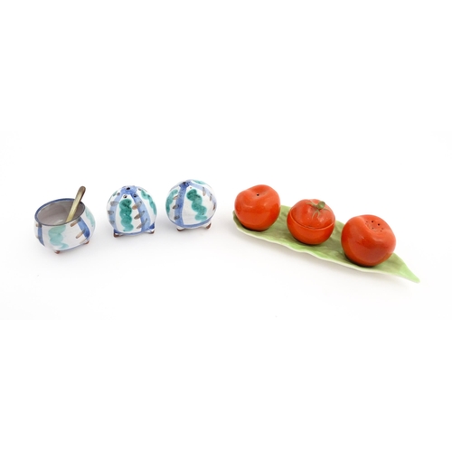 205 - A Carlton Ware novelty three piece cruet set modelled as tomatoes. Together with a Cornish studio po... 