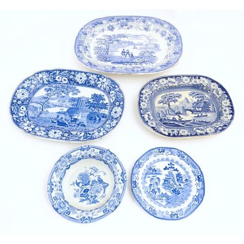 211 - Five assorted 19thC blue and white dinner wares to include three meat plates, a plate and a dish, pa... 