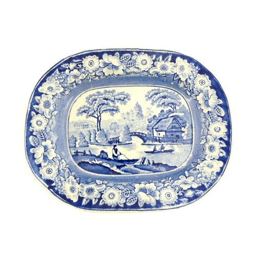 211 - Five assorted 19thC blue and white dinner wares to include three meat plates, a plate and a dish, pa... 