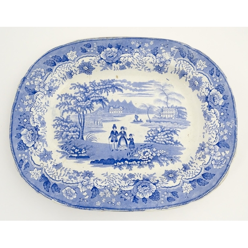 211 - Five assorted 19thC blue and white dinner wares to include three meat plates, a plate and a dish, pa... 