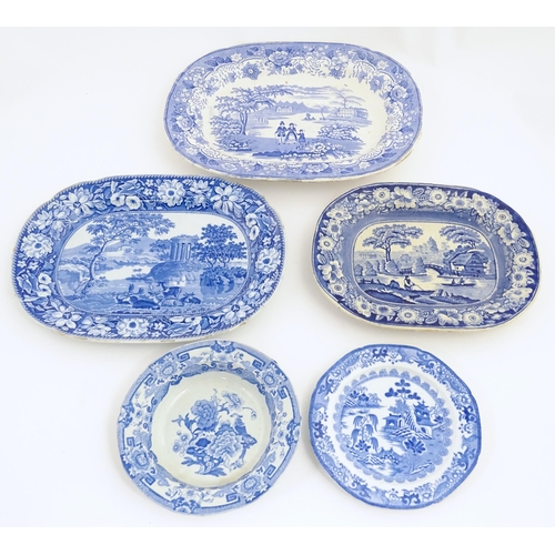 211 - Five assorted 19thC blue and white dinner wares to include three meat plates, a plate and a dish, pa... 