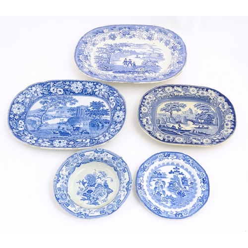 211 - Five assorted 19thC blue and white dinner wares to include three meat plates, a plate and a dish, pa... 