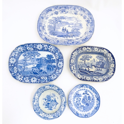 211 - Five assorted 19thC blue and white dinner wares to include three meat plates, a plate and a dish, pa... 